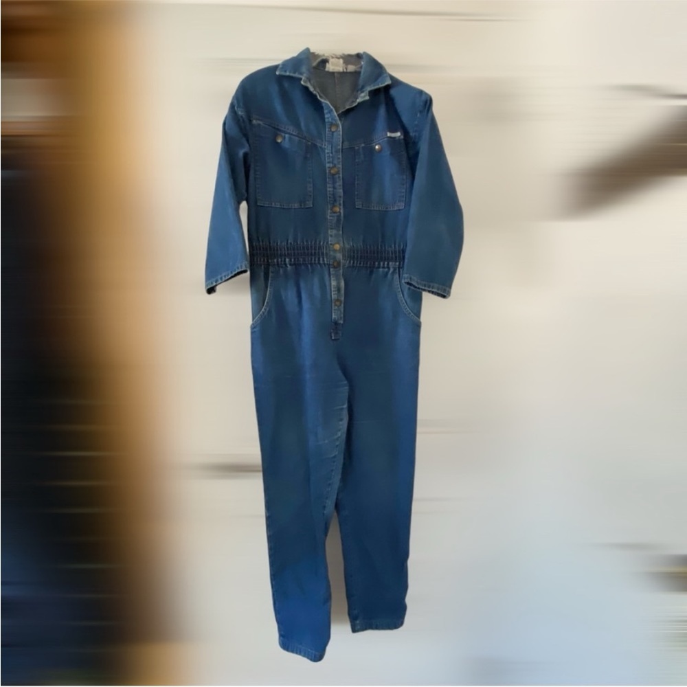 Blue denim 3/4 short sleeve vintage zipper front jumpsuit size small by Dreams - Picture 2 of 9